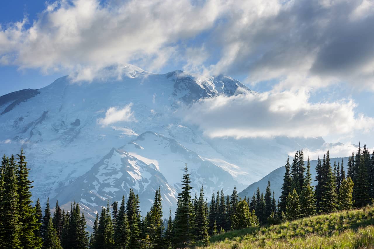 Mt Rainier covered in snow.