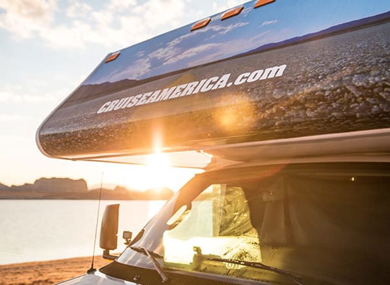Sunset showing through windshield of RV