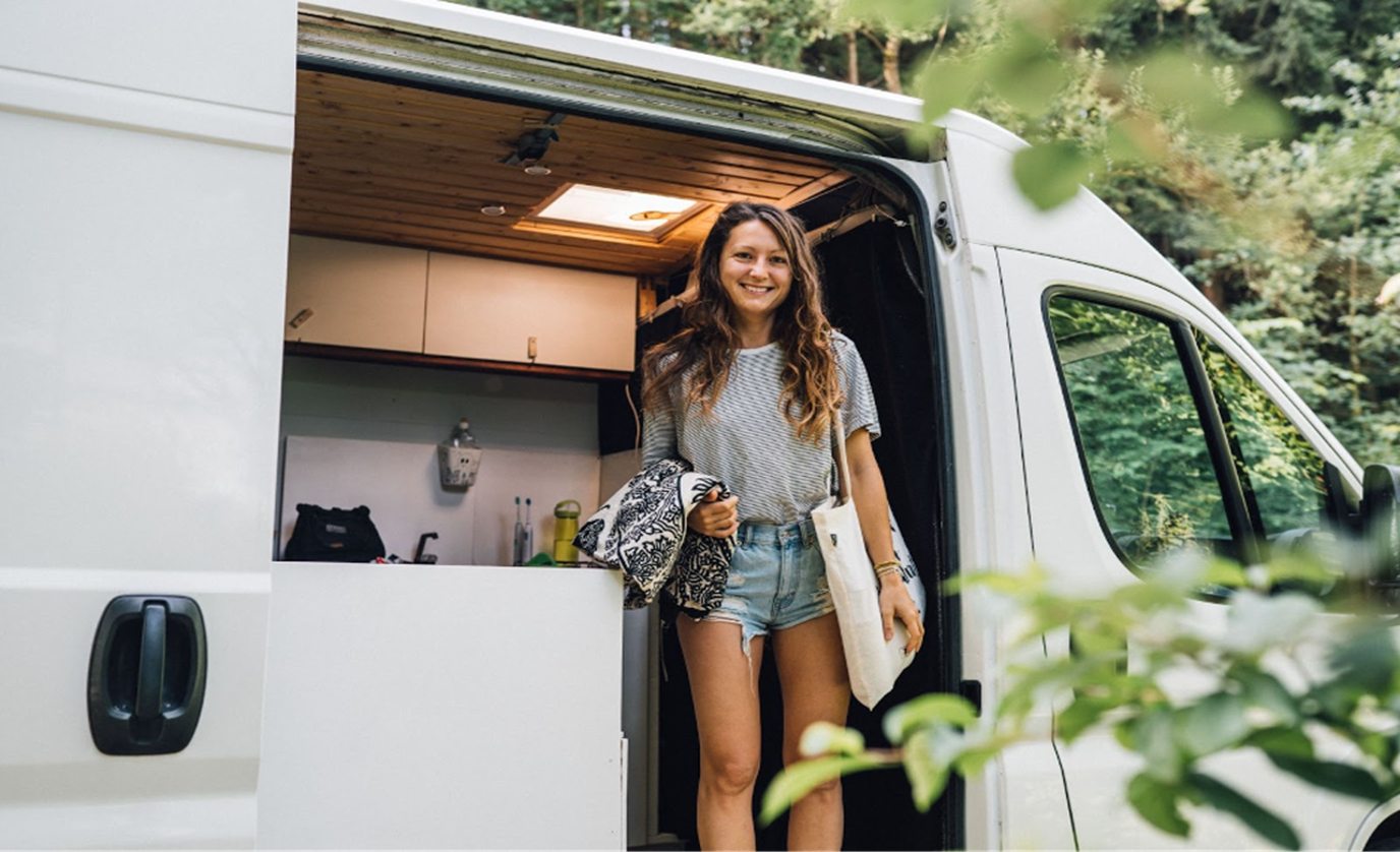 Young women inside of a camper van looking at the camera
